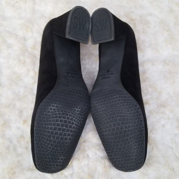 Classic Square Toe Pumps Stuart Weitzman Marymid Size 5 Black Suede Leather Heel - Picture 10 of 13